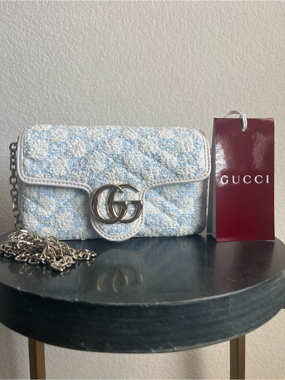 NEW Gucci Sponge Bouclé Matelassé Mini GG Marmont Shoulder Bag Light Blue White